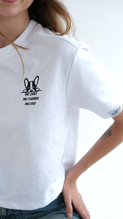 Close up of the black dog embroidery and Pro Choice, Pro Feminism, Pro Dogs slogan on the white tee