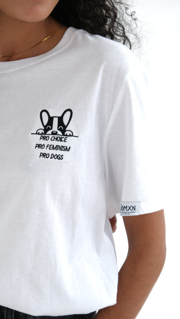 Close up of the dog embroidery reading Pro Choice, Pro Feminism, Pro Dogs on the white tee