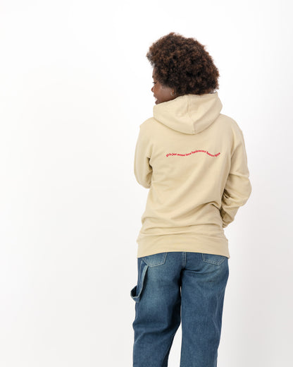 Back view of the cream Girls Just Wanna Have Fundamental Human Rights hoodie with the slogan embroidered in red across the back