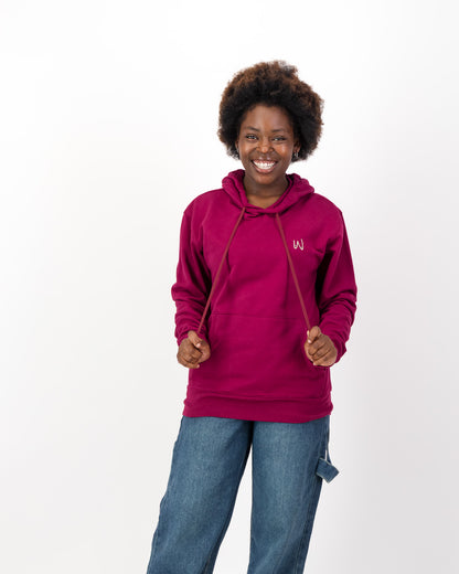 Woman in the berry Pro Feminist Pro Choice Pro Dogs hoodie and jeans