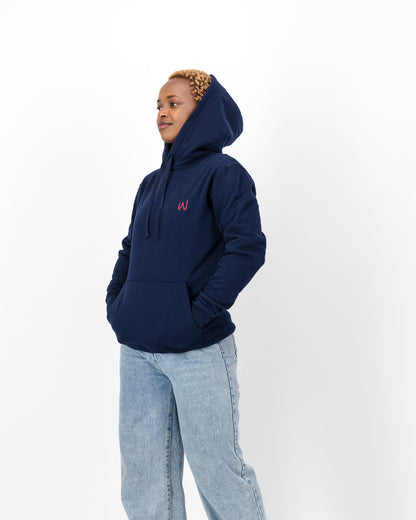 Side view of the navy Too Clumsy to be Around Fragile Masculinity hoodie worn with the hood up