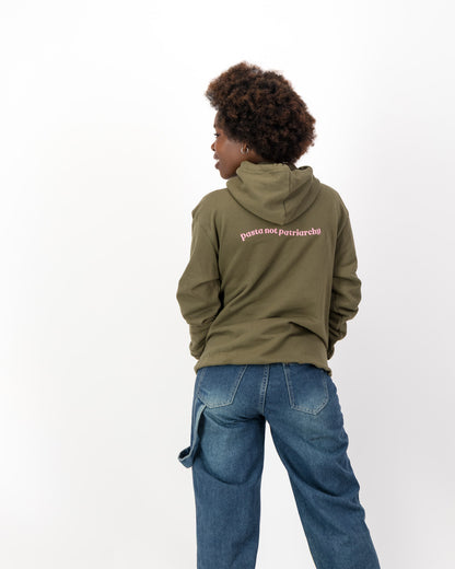 Back view of the olive Pasta not Patriarchy hoodie with the slogan embroidered across the back