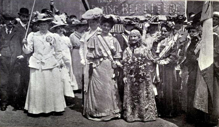 The head of the Women's Sunday suffrage procession arriving in Hyde Park, London, 21 June 1908