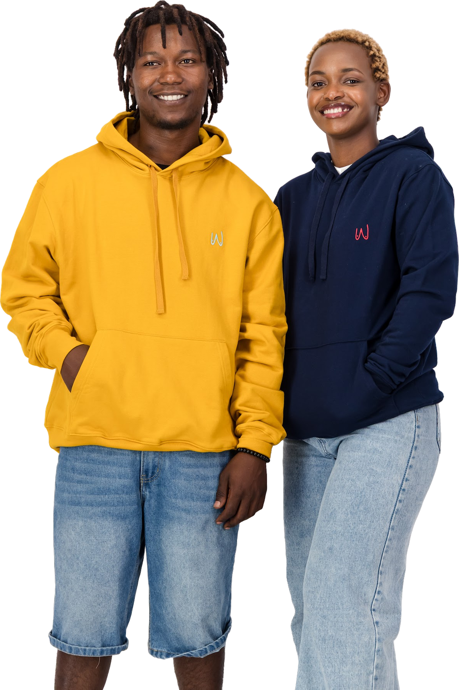 Two friends wearing the yellow Destroy the Patriarchy not the Planet hoodie and the navy Too Clumsy to be Around Fragile Masculinity hoodie