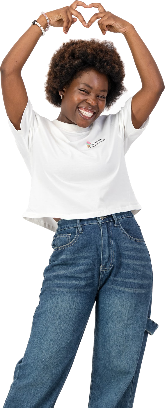 A woman making a heart with her hands, wearing the I Scream for Equality tee
